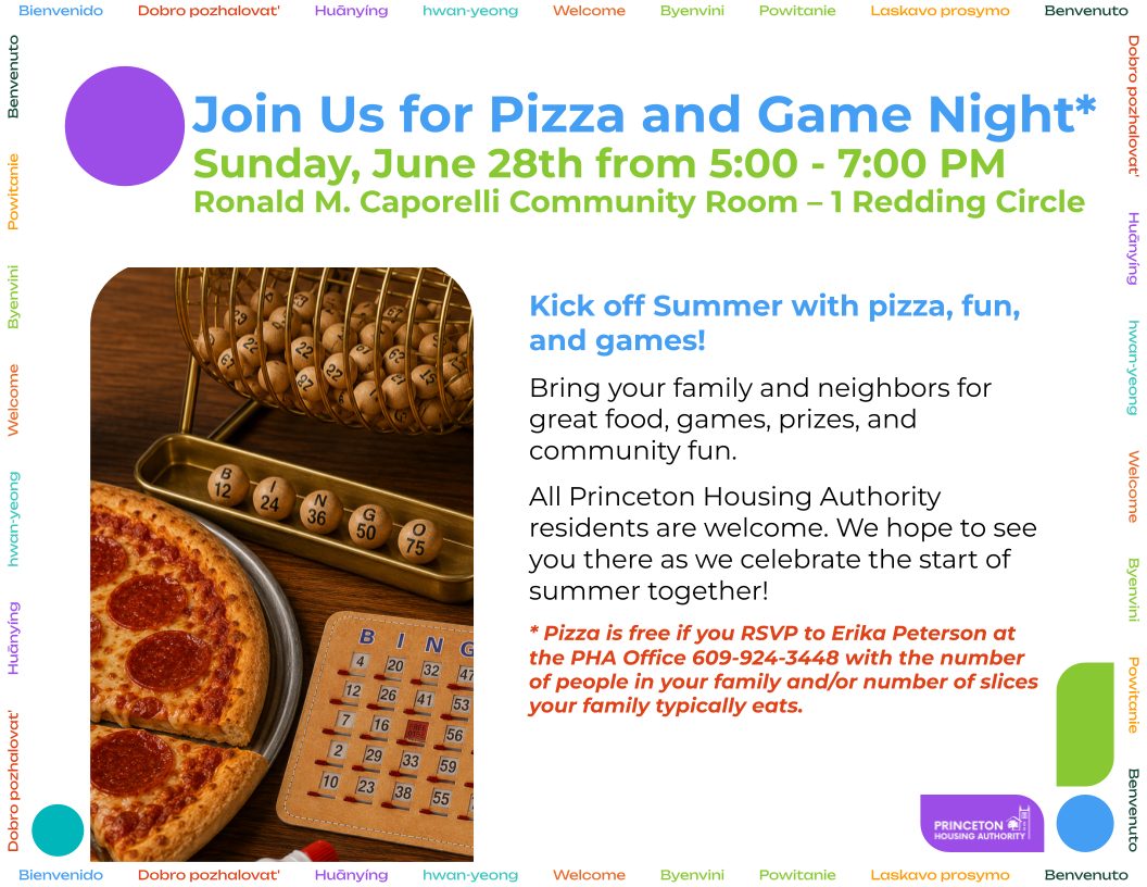 Join us for a pizza and game night June 28 from 5 pm to 7 pm at the Ronald M Caporelli Community Center