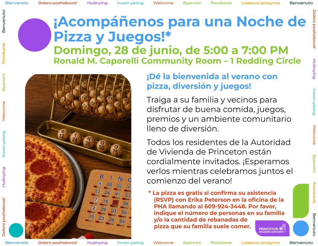 Join us for a pizza and game night June 28 from 5 pm to 7 pm at the Ronald M Caporelli Community Center